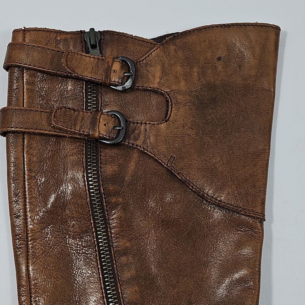 Born Milari Marrone Brown Leather Buckle Strap Tall Knee High Block Heel Boot - Picture 9 of 16
